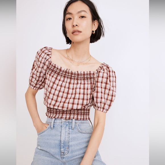 Madewell Tops - NWT Madewell Seersucker Jeanette Top in Plaid - Medium - Maroon - Ivory